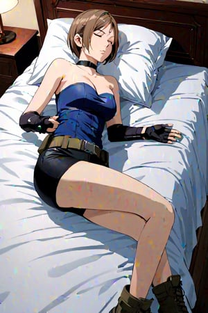 pretty asian woman ,Jill valentine,Resident evil, JillRE3, brown hair, short hair, bob cut), lying down on bed, lying on flat, sleep with turning face up, sleeping, closed eyes, wears blue strapless, white clothes around waist, black pencil skirt, fingerless gloves, brown combat boots ,BREAK, ((masterpiece:1.2), (best quality:1.2), (very aesthetic:1.2), (absurdres:1.2), (detailed background),intricate details, newest), (1girl, solo, full body), (japanese anime style), BREAK, (blue strapless, white clothes around waist, black pencil skirt, fingerless gloves, brown combat boots),