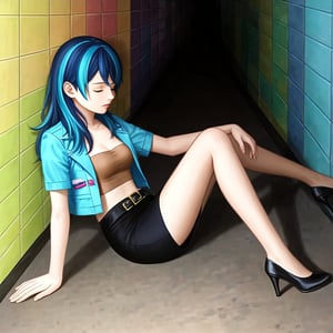 realistic anime illustration of sleeping beautiful office woman is sitting on ground at the room 's corner, her back is leaning against wall, her legs is spreading, closed eyes, her green bag on ground, BREAK, she is black long hair (+reddish-brown ombre hair), wears pastel indigo-blue short sleeve jacket, open jacket, thai tea-brown tube top (+strapless), dark beige pencil skirt with black belt, and black heels, BREAK, ((masterpiece:1.2), (best quality:1.2), (very aesthetic:1.2), (absurdres:1.2), (detailed background),intricate details, newest), (1girl, solo, full body), (japanese anime style), (pastel indigo-blue short sleeve jacket, open jacket, thai tea-brown tube top (+strapless), dark beige pencil skirt with black belt, and black heels)