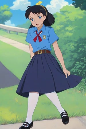 anime of adorable young woman, standing and posing at school 's outdoor, smiling, she has black hair (+forehead, half up half down), wearing short sleeves collared shirt (+azure-blue shirt), navy-blue scout-kerchief, navy-blue pleated pencil long skirt, black belt with gold circle buckle, white socks and black mary-jane shoes, BREAK, (short sleeves collared shirt (+azure-blue shirt), navy-blue scout-kerchief, navy-blue pleated pencil long skirt, black belt with gold circle buckle, white socks and black mary-jane shoes), BREAK, ((best quality,4k,8k,highres,masterpiece:1.2),ultra-detailed, (very aesthetic:1.2), (absurdres:1.2), (detailed background), intricate details, newest), (1girl, solo, full body), (japanese anime style),(expressive eyes, perfect face, perfect anatomy)