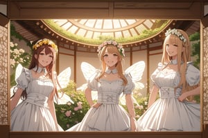 three beauty maiden fairies, they have wings on their backs, flower crowns on their heads, they wear maid dress outfit, smiling, BREAK, ((masterpiece:1.2), (best quality:1.2), (very aesthetic:1.2), (absurdres:1.2), (detailed background),intricate details, newest), (full body), (japanese anime style)