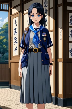 pretty young woman, posing at school 's outdoor, she has black hair (+forehead, half up half down), wearing gray long sleeves cardigan (+open cardigan), azure-blue short sleeves collared shirt, navy-blue scout-kerchief, navy-blue pleated pencil skirt (+long skirt), black belt with gold circle buckle, white socks and black mary-jane shoes, BREAK, ((best quality,4k,8k,highres,masterpiece:1.2),ultra-detailed, (very aesthetic:1.2), (absurdres:1.2), (detailed background), intricate details, newest), (1girl, solo, full body, front view, looking at viewer), (japanese anime style),(expressive eyes, perfect face, perfect anatomy)s, BREAK, (gray long sleeves cardigan (+open cardigan), azure-blue short sleeves collared shirt , navy-blue scout-kerchief, navy-blue pleated pencil skirt (+long skirt), black belt with gold circle buckle, white socks and black mary-jane shoes)