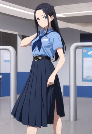 beauty young girl, standing pose at airport, she has black hair (forehead, longh hair, half up half down), wearing pastel indigo-blue short sleeves collared shirt, navy-blue neckerchief, navy-blue pleated pencil long skirt, black belt with gold circle buckle, white socks and black mary-jane shoes, ((masterpiece:1.2), (best quality:1.2), (very aesthetic:1.2), (absurdres:1.2), (detailed background),intricate details, newest, sfw), (1girl, solo, full body, front view, looking at viewer), (japanese anime style), (expressive eyes, perfect face, perfect anatomy), BREAK, (pastel indigo-blue short sleeves collared shirt, navy-blue neckerchief, navy-blue pleated pencil long skirt, black belt with gold circle buckle, white socks and black mary-jane shoes),score_7_up, BREAK source_anime, anime screencap,