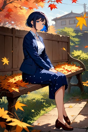 beautiful asian woman is sitting on wooden bench at abandon garden, autumn leaves, maple leaves, ginko leaves, she has black messy pixie cut, wearing navy-blue blazer (+open blazer), white t-shirt,  vivid-blue pencil skirt (+with white big poka dots pattern), brown flat shoes, BREAK, ((masterpiece:1.2), (best quality:1.2), (very aesthetic:1.2), (absurdres:1.2), (detailed background),intricate details, newest, sfw, (1girl, solo, full body, looking at viewer), (japanese anime style), (expressive eyes, perfect face, perfect anatomy), 