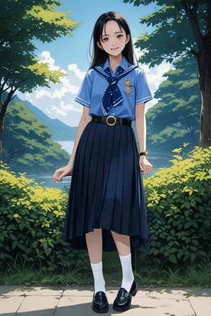 anime of adorable young woman, posing at school 's outdoor, smiling, she has black hair (+forehead, half up half down), wearing short sleeves collared shirt (+azure-blue shirt), navy-blue scout-kerchief, navy-blue pleated pencil long skirt, black belt with gold circle buckle, white socks and black mary-jane shoes, BREAK, (short sleeves collared shirt (+azure-blue shirt), navy-blue scout-kerchief, navy-blue pleated pencil long skirt, black belt with gold circle buckle, white socks and black mary-jane shoes), BREAK, ((best quality,4k,8k,highres,masterpiece:1.2),ultra-detailed, (very aesthetic:1.2), (absurdres:1.2), (detailed background), intricate details, newest), (1girl, solo, full body), (japanese anime style),(expressive eyes, perfect face, perfect anatomy)