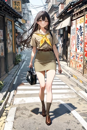 beauty young girl, crossing road, holding a smartphone, carrying tote bag, she is in black long straight hair, wears all khaki outfit (+same tone), khaki short sleeves scout shirt, yellow scout kerchief, khaki  pencil  skirt with brown belt, khaki socks, brown shoes, ((masterpiece:1.2), (best quality:1.2), (very aesthetic:1.2), (absurdres:1.2), (detailed background), intricate details, newest, sfw), (1girl, solo, full body, front view, looking at viewer), (japanese anime style), (expressive eyes, perfect face, perfect anatomy)