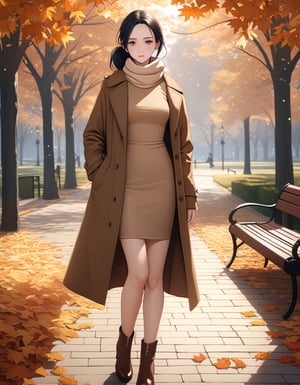 teenage girl is in black hair (+forehead, low ponytail), posing in park, autumn season, she wears brown long sleeves winter coat, beige sleeveless turtleneck pencil dress, brown ankle boots, scarf, (bared one side of shoulder) BREAK, (1girl, solo, full body, looking at viewer), (best quality,4k,8k,highres,masterpiece:1.2),ultra-detailed,(realistic,photo-realistic:1.37),cinematic lighting,moody lighting,dramatic shadows,vibrant colors, (expressive eyes, perfect face, perfect anatomy)