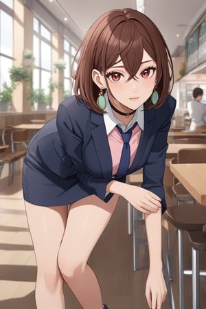 pretty slim young women, looking at viewer on her academy, cafeteria scenery, ( ayasemomo, hair between eyes, crossed bangs, green earrings, brown hair, red eyes, black choker, short hair), wearing navy-blue blazer outer, closed blazer, pink shirt with navy-blue tie, navy-blue pencil skirt, black heel cutshoes, BREAK, ((masterpiece:1.2), (best quality:1.2), (very aesthetic:1.2), (absurdres:1.2), (detailed background),intricate details, newest, sfw), (full body), (anime style), (expressive eyes, perfect face, perfect anatomy),momo ayase