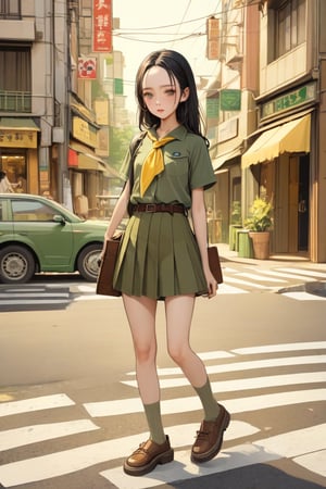 beauty young girl, crossing road, holding a smartphone, carrying tote bag, she is in black long straight hair (+half up half down, forehead), wears olive-green outfit (+same tone), olive-green short sleeves scout shirt, yellow scout kerchief, olive-green skirt with dark-brown belt, beige socks, dark-brown shoes, ((masterpiece:1.2), (best quality:1.2), (very aesthetic:1.2), (absurdres:1.2), (detailed background), intricate details, newest, sfw), (1girl, solo, full body, front view, looking at viewer), (japanese anime style), (expressive eyes, perfect face, perfect anatomy)