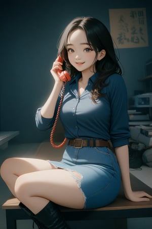 pretty asian woman is sitting while calling a phone, holding a red telephone receiver, smiling, she has dark-brown long hair (+forehead), wears gray half sleeves crop collared shirt, dark prussian-blue ripped denim pencil skirt, brown belt, black ankle boots, BREAK, ((best quality,4k,8k,highres,masterpiece:1.2),ultra-detailed, (very aesthetic:1.2), (absurdres:1.2), (detailed background), intricate details, newest, sfw), (1girl, solo, full body), (japanese anime style),(expressive eyes, perfect face, perfect anatomy)