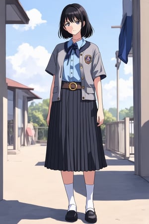 adorable young woman, posing at school 's outdoor, she has black hair (+forehead, half up half down), wearing gray long sleeves cardigan (+open cardigan), short sleeves collared shirt (+azure-blue shirt), navy-blue scout-kerchief, navy-blue pleated pencil skirt (+long skirt), black belt with gold circle buckle, white socks and black mary-jane shoes, BREAK, ((best quality,4k,8k,highres,masterpiece:1.2),ultra-detailed, (very aesthetic:1.2), (absurdres:1.2), (detailed background), intricate details, newest), (1girl, solo, full body, front view, looking at viewer), (japanese anime style),(expressive eyes, perfect face, perfect anatomy)s, BREAK, (gray long sleeves cardigan (+open cardigan), short sleeves collared shirt (+azure-blue shirt), navy-blue scout-kerchief, navy-blue pleated pencil skirt (+long skirt), black belt with gold circle buckle, white socks and black mary-jane shoes)