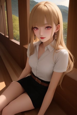 young woman, smiling and sitting on bench at balcony of academy campus, wearing white short sleeves collared shirt), black pencil skirt with brown belt, shoes, BREAK, (1girl, solo, full body), (best quality,4k,8k,highres,masterpiece:1.2),ultra-detailed,(realistic,photo-realistic:1.37),extremely detailed eyes and face,longeyelashes,beautiful detailed lips,beautiful detailed eyes,cinematic lighting,moody lighting,dramatic shadows,vibrant colors,Intricate details,Extremely detailed,Outstanding intricacies,(Masterpiece:1.2),(Best quality:1.2),(Absurdres absolutely resolution:1.4), KJOmarin, blonde hair, pink eyes, long hair, multicolored hair, earrings,marin kitagawa,bangs,red eyes, hair ornament,kitagawa_marin,jewelry, piercing