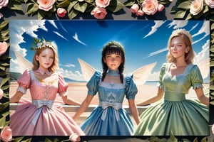 three beauty maiden fairies, they have wings on their backs, flower crowns on their heads, {(they wear maid dress outfits : pink dress, green dress, blue dress)}, smiling, BREAK, (best quality,4k,8k,highres,masterpiece:1.2),ultra-detailed,(realistic,photo-realistic:1.37),cinematic lighting,moody lighting,dramatic shadows,vibrant colors, (expressive eyes, perfect face, perfect anatomy)