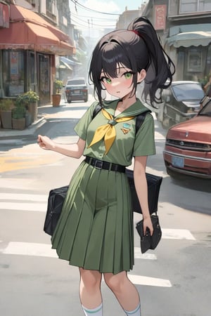 beauty young girl, crossing road, holding a smartphone, carrying tote bag, she is in black hair (+ponytail), wears green short sleeves scout shirt, yellow neckerchief, green pleated pencil long skirt with black belt, white socks, black mary-jane shoes, ((masterpiece:1.2), (best quality:1.2), (very aesthetic:1.2), (absurdres:1.2), (detailed background), intricate details, newest, sfw), (1girl, solo, full body, front view, looking at viewer), (japanese anime style), (expressive eyes, perfect face, perfect anatomy)