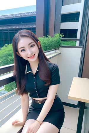 young woman, smiling and sitting on bench at balcony of academy campus, she has black long straight hair (+forehead), wearing white short sleeves collared shirt), black pencil skirt with brown belt, shoes, BREAK, ((best quality,4k,8k,highres,masterpiece:1.2),ultra-detailed, (very aesthetic:1.2), (absurdres:1.2), (detailed background), intricate details, newest, sfw), (1girl, solo, full body), (japanese anime style),(expressive eyes, perfect face, perfect anatomy)