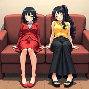 2 unconscious beautiful women are sleeping while sitting on couch, closed eyes, {one girl : black short hair, all red office worker outfit, red long sleeves blazer, red pencil skirt, red heels}, {another one girl : black wavy ponytail, yellow sleeveless shirt, black long trousers, black heel sandals}, BREAK, ((masterpiece:1.2), (best quality:1.2), (very aesthetic:1.2), (absurdres:1.2), (detailed background),intricate details, newest, (1girl, solo, full body, front view, looking at viewer), (japanese anime style), (expressive eyes, perfect face, perfect anatomy)