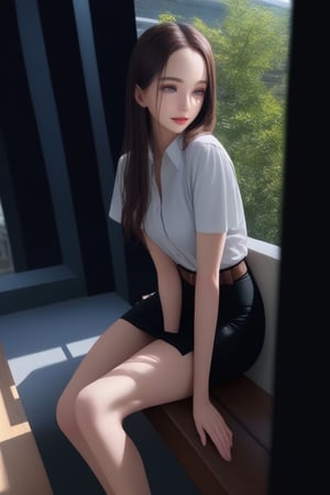 young woman, smiling and sitting on bench at balcony of academy campus, she has black long straight hair (+forehead), wearing white short sleeves collared shirt), black pencil skirt with brown belt, shoes, BREAK, (1girl, solo, full body), (best quality,4k,8k,highres,masterpiece:1.2),ultra-detailed,(realistic,photo-realistic:1.37),extremely detailed eyes and face,longeyelashes,beautiful detailed lips,beautiful detailed eyes,cinematic lighting,moody lighting,dramatic shadows,vibrant colors,Intricate details,Extremely detailed,Outstanding intricacies,(Masterpiece:1.2),(Best quality:1.2),(Absurdres absolutely resolution:1.4)