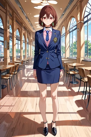 pretty slim young women, standing, looking at viewer on her academy, cafeteria scenery, ( ayasemomo, hair between eyes, crossed bangs, green earrings, brown hair, red eyes, black choker, short hair), wearing navy-blue blazer outer, closed blazer, pink shirt with navy-blue tie, navy-blue pencil skirt, black heel cutshoes, BREAK, ((masterpiece:1.2), (best quality:1.2), (very aesthetic:1.2), (absurdres:1.2), (detailed background),intricate details, newest, sfw), (full body), (anime style), (expressive eyes, perfect face, perfect anatomy),momo ayase