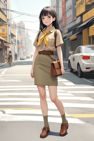 beauty young girl, crossing road, holding a smartphone, carrying tote bag, she is in black long straight hair, wears all khaki outfit (+same tone), khaki short sleeves scout shirt, yellow scout kerchief, khaki  pencil  skirt with brown belt, khaki socks, brown shoes, ((masterpiece:1.2), (best quality:1.2), (very aesthetic:1.2), (absurdres:1.2), (detailed background), intricate details, newest, sfw), (1girl, solo, full body, front view, looking at viewer), (japanese anime style), (expressive eyes, perfect face, perfect anatomy)