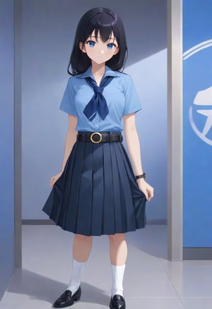 beauty young girl, standing pose at airport, she has black hair (forehead, longh hair, half up half down), wearing pastel indigo-blue short sleeves collared shirt, navy-blue neckerchief, navy-blue pleated pencil long skirt, black belt with gold circle buckle, white socks and black mary-jane shoes, ((masterpiece:1.2), (best quality:1.2), (very aesthetic:1.2), (absurdres:1.2), (detailed background),intricate details, newest, sfw), (1girl, solo, full body, front view, looking at viewer), (japanese anime style), (expressive eyes, perfect face, perfect anatomy), BREAK, (pastel indigo-blue short sleeves collared shirt, navy-blue neckerchief, navy-blue pleated pencil long skirt, black belt with gold circle buckle, white socks and black mary-jane shoes),score_7_up, BREAK source_anime, anime screencap,