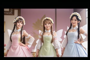 three beauty maiden fairies, they have wings on their backs, flower crowns on their heads, they wear maid dress outfit, smiling, BREAK, ((masterpiece:1.2), (best quality:1.2), (very aesthetic:1.2), (absurdres:1.2), (detailed background),intricate details, newest), (full body), (japanese anime style)