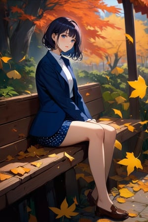 beautiful asian woman is sitting on wooden bench at abandon garden, autumn leaves, maple leaves, ginko leaves, she has black short messy hair cut, wearing navy-blue blazer (+open blazer), white round neck t-shirt,  pure-blue pencil skirt (+white big poka dots pattern), brown flat shoes, BREAK, ((masterpiece:1.2), (best quality:1.2), (very aesthetic:1.2), (absurdres:1.2), (detailed background),intricate details, newest, sfw, (1girl, solo, full body, looking at viewer), (japanese anime style), (expressive eyes, perfect face, perfect anatomy), 