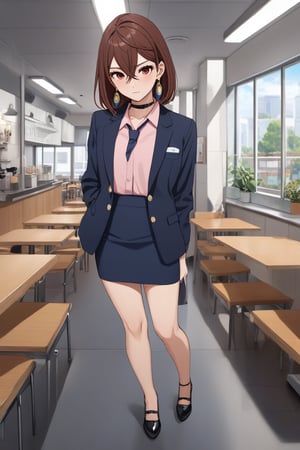 pretty slim young women, standing, looking at viewer on her academy, cafeteria scenery, ( ayasemomo, hair between eyes, crossed bangs, green earrings, brown hair, red eyes, black choker, short hair), wearing navy-blue blazer outer, closed blazer, pink shirt with navy-blue tie, navy-blue pencil skirt, black heel cutshoes, BREAK, ((masterpiece:1.2), (best quality:1.2), (very aesthetic:1.2), (absurdres:1.2), (detailed background),intricate details, newest, sfw), (full body), (anime style), (expressive eyes, perfect face, perfect anatomy),momo ayase