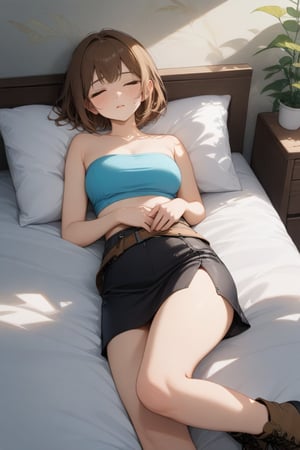 pretty girl, brown bob cut, lying down on bed, lying on flat, sleep with turning face up, sleeping, closed eyes, she wears cyan tube top (+strapless), black pencil skirt, fingerless gloves, brown combat boots, white clothes around her waist, BREAK, ((masterpiece:1.2), (best quality:1.2), (very aesthetic:1.2), (absurdres:1.2), (detailed background),intricate details, newest), (1girl, solo, full body), (japanese anime style)