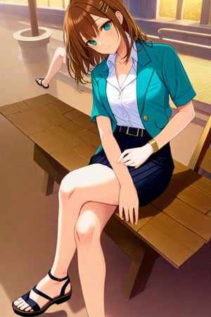 beautiful woman, sitting on seat, she is in brown long layered  bobcut (+forehead, comb hairclip), wears teal-blue short sleeves workshop blazer  (+open blazer), white short sleeves collared shirt {+gold buttons}, black pencil skirt with brown belt, black platform sandals, BREAK, ((masterpiece:1.2), (best quality:1.2), (very aesthetic:1.2), (absurdres:1.2), (detailed background),intricate details, newest,  (1girl, solo, full body, front view, looking at viewer), (japanese anime style), (expressive eyes, perfect face, perfect anatomy)