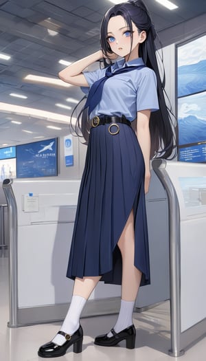 beauty young girl posing at airport, she has black hair (forehead, longh hair, half up half down), wearing pastel indigo-blue short sleeves collared shirt, navy-blue neckerchief, navy-blue pleated pencil long skirt, black belt with gold circle buckle, white socks and black mary-jane shoes, ((masterpiece:1.2), (best quality:1.2), (very aesthetic:1.2), (absurdres:1.2), (detailed background),intricate details, newest, sfw), (1girl, solo, full body, front view, looking at viewer), (japanese anime style), (expressive eyes, perfect face, perfect anatomy), BREAK, (pastel indigo-blue short sleeves collared shirt, navy-blue neckerchief, navy-blue pleated pencil long skirt, black belt with gold circle buckle, white socks and black mary-jane shoes)