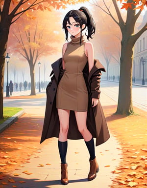 teenage girl is in black hair (+forehead, low ponytail), posing in park, autumn season, she wears brown long sleeves winter coat, beige sleeveless turtleneck pencil dress, brown ankle boots, scarf, (bared one side of shoulder) BREAK, (1girl, solo, full body, looking at viewer), (best quality,4k,8k,highres,masterpiece:1.2),ultra-detailed,(realistic,photo-realistic:1.37),cinematic lighting,moody lighting,dramatic shadows,vibrant colors, (expressive eyes, perfect face, perfect anatomy)