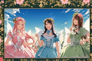 three beauty maiden fairies, they have wings on their backs, flower crowns on their heads, {(they wear maid dress outfits : pink dress, green dress, blue dress)}, smiling, BREAK, ((masterpiece:1.2), (best quality:1.2), (very aesthetic:1.2), (absurdres:1.2), (detailed background),intricate details, newest), (full body), (japanese anime style)