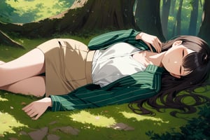 beautiful woman, lying down on forest 's ground, closed eyes, she is in black long straight hair, wears white and green striped long sleeves jacket shirt (+open jacket), beige t-shirt , dark-brown pencil skirt, BREAK, ((masterpiece:1.2), (best quality:1.2), (very aesthetic:1.2), (absurdres:1.2), (detailed background),intricate details, newest,  (1girl, solo, full body, front view, looking at viewer), (japanese anime style), (expressive eyes, perfect face, perfect anatomy)