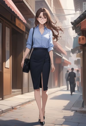 pretty woman, walking along street, she is in dark-brown half up half down hair (+swept side bang, long hair, eyeglasses), wears light-blue and black-gray vertical striped collared shirt, (+3/4 sleeves shirt, untucked shirt, rolled up sleeves shirt), black pencil skirt, black heels, black purse, BREAK, ((masterpiece:1.2), (best quality:1.2), (very aesthetic:1.2), (absurdres:1.2), (detailed background),intricate details, newest,  (1girl, solo, full body, front view, looking at viewer), (japanese anime style), (expressive eyes, perfect face, perfect anatomy)