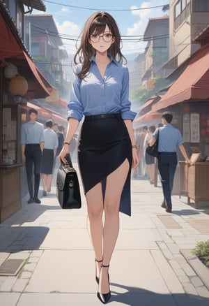 pretty woman, walking along street, she is in dark-brown long hair (+swept side bang, half up half down, eyeglasses), wears light-blue and black-gray vertical striped collared shirt, (+3/4 sleeves shirt, untucked shirt, rolled up sleeves shirt), black pencil skirt, black heels, black purse, BREAK, ((masterpiece:1.2), (best quality:1.2), (very aesthetic:1.2), (absurdres:1.2), (detailed background),intricate details, newest,  (1girl, solo, full body, front view, looking at viewer), (japanese anime style), (expressive eyes, perfect face, perfect anatomy)