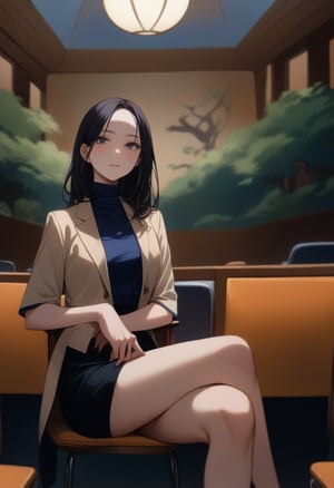 beautiful woman, sitting on seat at lecture room, she is in black long straight hair (+forehead), wears beige short sleeves workshop blazer (+open short sleeves blazer), black turtleneck, , navy-blue pencil skirt, black heel sandals, BREAK, ((masterpiece:1.2), (best quality:1.2), (very aesthetic:1.2), (absurdres:1.2), (detailed background),intricate details, newest, (1girl, solo, full body, front view, looking at viewer), (japanese anime style), (expressive eyes, perfect face, perfect anatomy)