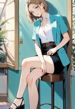 beautiful woman, sitting on seat, she is in brown long layered  bobcut (+forehead, comb hairclip), wears pastel teal-blue short sleeves workshop blazer  (+open blazer), white short sleeves collared shirt {+gold buttons}, black pencil skirt with brown belt, black platform sandals, BREAK, ((masterpiece:1.2), (best quality:1.2), (very aesthetic:1.2), (absurdres:1.2), (detailed background),intricate details, newest,  (1girl, solo, full body, front view, looking at viewer), (japanese anime style), (expressive eyes, perfect face, perfect anatomy)