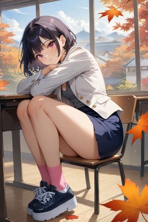 beautiful asian woman is sitting on chair at classroom, autumn leaves, maple leaves, ginko leaves, she has black bob cut, wearing white blazer (+open blazer), gray undershirt,  navy-blue pencil skirt, pink socks, black platform sneakers, BREAK, ((masterpiece:1.2), (best quality:1.2), (very aesthetic:1.2), (absurdres:1.2), (detailed background),intricate details, newest, sfw, (1girl, solo, full body, looking at viewer), (japanese anime style), (expressive eyes, perfect face, perfect anatomy)