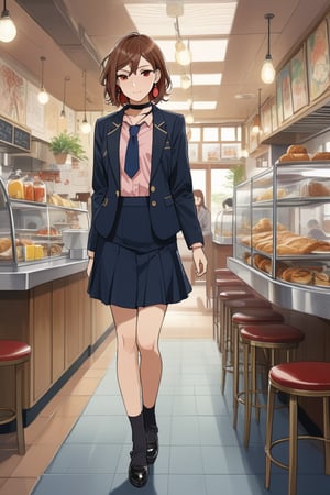 pretty slim young women, standing, looking at viewer on her academy, cafeteria scenery, ( ayasemomo, hair between eyes, crossed bangs, green earrings, brown hair, red eyes, black choker, short hair), wearing navy-blue blazer outer, closed blazer, pink shirt with navy-blue tie, navy-blue pencil skirt, black heel cutshoes, BREAK, ((masterpiece:1.2), (best quality:1.2), (very aesthetic:1.2), (absurdres:1.2), (detailed background),intricate details, newest, sfw), (full body), (anime style), (expressive eyes, perfect face, perfect anatomy),momo ayase