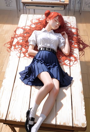 unconscious high school girl, lying down on wooden table, lying on flat, lying on her back, sleep with turning face up, sleeping, closed eyes, she is in black long hair (+swept-side hair, half up half down), wears white short puff sleeves collared blouse, navy-blue pleated pencil long skirt with black belt, white socks, black mary-jane shoes, BREAK, ((masterpiece:1.2), (best quality:1.2), (very aesthetic:1.2), (absurdres:1.2), (detailed background),intricate details, newest, sfw), (1girl, solo, full body), (japanese anime style), brighter lighting