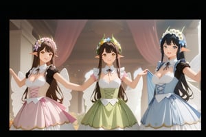 three beauty maiden fairies, they have wings on their backs, flower crowns on their heads, they wear maid dress outfit, smiling, BREAK, ((masterpiece:1.2), (best quality:1.2), (very aesthetic:1.2), (absurdres:1.2), (detailed background),intricate details, newest), (full body), (japanese anime style)