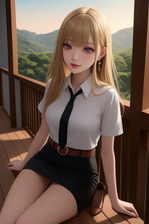 young woman, smiling and sitting on bench at balcony of academy campus, wearing white short sleeves collared shirt), black pencil skirt with brown belt, shoes, BREAK, (1girl, solo, full body), (best quality,4k,8k,highres,masterpiece:1.2),ultra-detailed,(realistic,photo-realistic:1.37),extremely detailed eyes and face,longeyelashes,beautiful detailed lips,beautiful detailed eyes,cinematic lighting,moody lighting,dramatic shadows,vibrant colors,Intricate details,Extremely detailed,Outstanding intricacies,(Masterpiece:1.2),(Best quality:1.2),(Absurdres absolutely resolution:1.4), KJOmarin, blonde hair, pink eyes, long hair, multicolored hair, earrings,marin kitagawa,bangs,red eyes, hair ornament,kitagawa_marin,jewelry, piercing