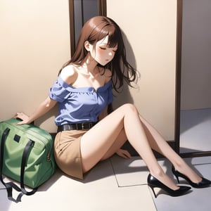 realistic anime illustration of sleeping beautiful office woman is sitting on ground at the room 's corner, her back is leaning against wall, her legs is spreading, closed eyes, her green bag on ground, BREAK, she is black long hair (+reddish-brown ombre hair), wears pastel indigo-blue short sleeve collared  blouse-jacket, open blouse-jacket, brown tube top (+strapless), dark beige pencil skirt with black belt, and black heels, BREAK, ((masterpiece:1.2), (best quality:1.2), (very aesthetic:1.2), (absurdres:1.2), (detailed background),intricate details, newest), (1girl, solo, full body), (japanese anime style), BREAK