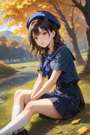 realistic anime illustration of pretty young girl, sitting on grass, stting cross-legged, black hair girl,  wearing indigo shirt short sleeves, navy-blue neckerchief, navy-blue pleated pencil long skirt, black belt with gold circle buckle, white socks and navy-blue beret, autumn scenery, (1girl, solo,full body), (masterpiece, best quality)