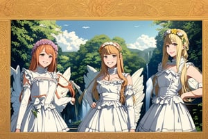 three beauty maiden fairies, they have wings on their backs, flower crowns on their heads, they wear maid dress outfit, smiling, BREAK, ((masterpiece:1.2), (best quality:1.2), (very aesthetic:1.2), (absurdres:1.2), (detailed background),intricate details, newest), (full body), (japanese anime style)