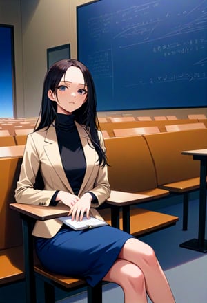 beautiful woman, sitting on seat at lecture room, she is in black long straight hair (+forehead), wears beige short sleeves workshop blazer (+open blazer), black  turtleneck, , navy-blue pencil skirt, black heel sandals, BREAK, ((masterpiece:1.2), (best quality:1.2), (very aesthetic:1.2), (absurdres:1.2), (detailed background),intricate details, newest, (1girl, solo, full body, front view, looking at viewer), (japanese anime style), (expressive eyes, perfect face, perfect anatomy)