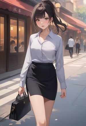 pretty woman, walking along street, she is in black ponytail (+swept side bang), wears white and black-gray vertical striped collared shirt, (+long sleeves shirt, untucked shirt, black pencil skirt, black heels, black purse, BREAK, ((masterpiece:1.2), (best quality:1.2), (very aesthetic:1.2), (absurdres:1.2), (detailed background),intricate details, newest,  (1girl, solo, full body, front view, looking at viewer), (japanese anime style), (expressive eyes, perfect face, perfect anatomy)