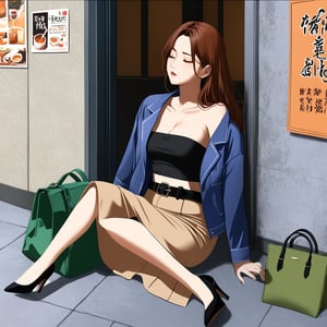 realistic anime illustration of sleeping beautiful office woman is sitting on ground at the room 's corner, her back is leaning against wall, her legs is spreading, closed eyes, her green bag on ground, BREAK, she is black long hair (+reddish-brown ombre hair), wears pastel indigo-blue short sleeve jacket, open jacket, thai tea-brown tube top (+strapless), dark beige pencil skirt with black belt, and black heels, BREAK, ((masterpiece:1.2), (best quality:1.2), (very aesthetic:1.2), (absurdres:1.2), (detailed background),intricate details, newest), (1girl, solo, full body), (japanese anime style), (pastel indigo-blue short sleeve jacket, open jacket, thai tea-brown tube top (+strapless), dark beige pencil skirt with black belt, and black heels)