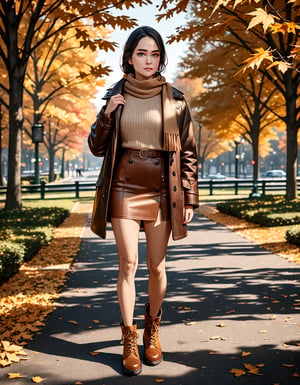 teenage girl is in black hair (+forehead, low ponytail), posing in park, autumn season, she wears brown long sleeves winter coat, beige sleeveless turtleneck pencil dress, brown ankle boots, scarf, (bared one side of shoulder) BREAK, (1girl, solo, full body, looking at viewer), (best quality,4k,8k,highres,masterpiece:1.2),ultra-detailed,(realistic,photo-realistic:1.37),cinematic lighting,moody lighting,dramatic shadows,vibrant colors, (expressive eyes, perfect face, perfect anatomy)