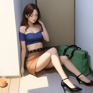 realistic anime illustration of sleeping beautiful office woman is sitting on ground at the room 's corner, her back is leaning against wall, her legs is spreading, closed eyes, her green bag on ground, BREAK, she is black long hair (+reddish-brown ombre hair), wears pastel indigo-blue short sleeve jacket, open jacket, thai tea-brown tube top (+strapless), dark beige pencil skirt with black belt, and black heels, BREAK, ((masterpiece:1.2), (best quality:1.2), (very aesthetic:1.2), (absurdres:1.2), (detailed background),intricate details, newest), (1girl, solo, full body), (japanese anime style), figure style