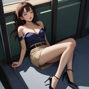 realistic anime illustration of sleeping beautiful office woman is sitting on ground at the room 's corner, her back is leaning against footbridge 's rail, her legs is spreading, closed eyes, her green bag on ground, BREAK, she is black long hair (+reddish-brown ombre hair), wears pastel indigo-blue short sleeve collared  blouse, open blouse, khaki-brown camisole (+strapless), dark beige pencil skirt with black belt, and black heels, BREAK, ((masterpiece:1.2), (best quality:1.2), (very aesthetic:1.2), (absurdres:1.2), (detailed background),intricate details, newest), (1girl, solo, full body), (japanese anime style), BREAK